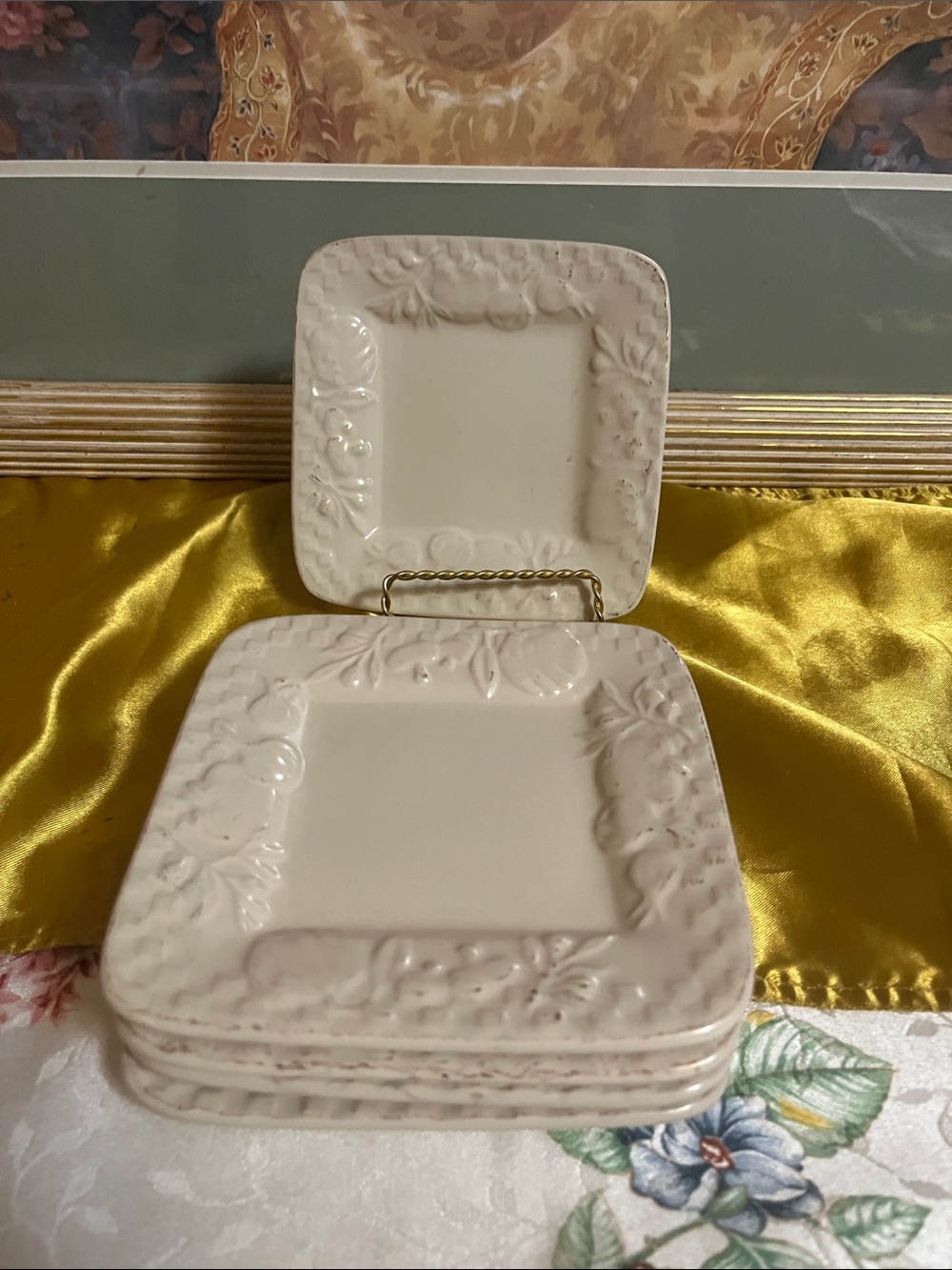 Cream Embossed Square Ceramic Dessert Plates - Set of 5
